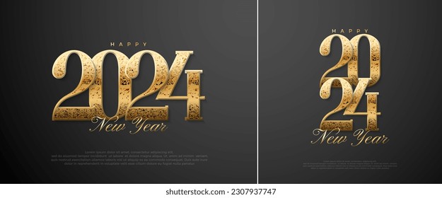 New Year's unique design with 2024 Classic Gold -colored Figures. Premium vector design for posters, banners, calendar and greetings.