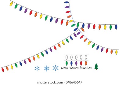 New Year's vector brushes. Festive colorful bulbs for finishing of your works. For decoration of the sites, cards, congratulations, the menu, congratulatory cards, New Year's invitations.