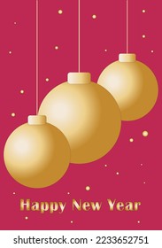 New Year's vector card with gold balls and Viva Magenta colour background
