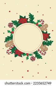 New Year's vector card with a round frame for text and a poinsettia, a ginger man, a branch of a Christmas tree, a lollipop cane