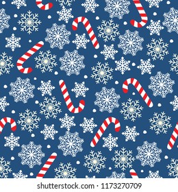 New Year`s vector seamless background with snowflakes and candies. Vector illustration Festive Christmas and New Year seamless snowflakes pattern. Blue and white. 