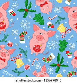 New Year`s vector seamless pattern with pigs.Vector seamless  pattern  of Happy New Year and Christmas Day. Seamless pattern of doodle, for wrapping paper, cloth, background
