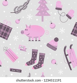 New Year`s vector seamless pattern with pigs and winter decor.Vector seamless pattern of Happy New Year and Christmas Day. Seamless pattern for wrapping paper, cloth, background
