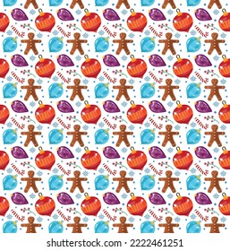 New Year's vector seamless pattern, background. Design for christmas. Lollipop, gingerbread, Christmas balls, snowflakes