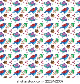 New Year's vector seamless pattern, background. Design for christmas, winter. Birds, berries, branches, acorns