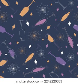 Patrón transparente vectorial de Año Nuevo. Minimalista y con estilo boho. Tostadas. Gafas de champán. Estrellas y fuegos artificiales en cielo azul oscuro. Ilustración moderna. Fiesta. Bebidas. Feliz. Banner y tarjetas de la víspera de Año Nuevo