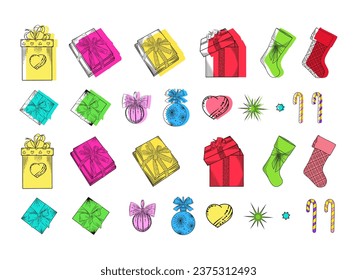 New Year's vector set with colored gifts, balloons, sweets, stars. Illustration for printing on packages, décor of New Year and Christmas toys, packages, gifts.