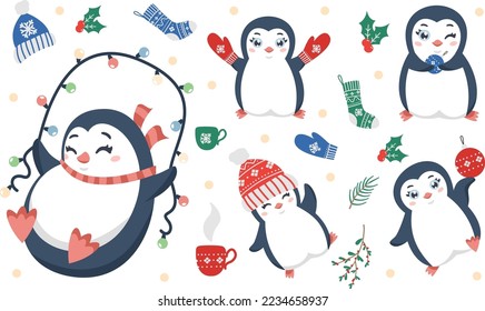 New Year's vector set. Cute penguins with herringbones, mittens, hat, with toys. 