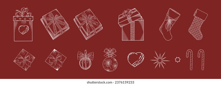 New Year's vector set with white linear gifts, balloons, sweets, stars on a red background. Illustration for printing on packages, décor of New Year and Christmas toys, packages, gifts.