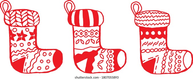 New Year's vector sock boots of red and white color. Isolated over white background. Socks with different patterns. Doodle style. Hand-drawn. For New Year's design of cards, fabric and linen.
