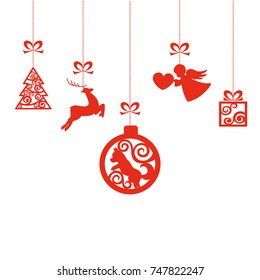 New Year's vector toys on threads on white isolated background. Elements on the tree