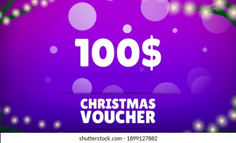 New Year's Voucher 100$ on a  festive background. Christmas Sale. Merry Christmas and Happy New Year. Colored. Winter Holidays Set Realistic gifts. Special offer. Vector Illustration