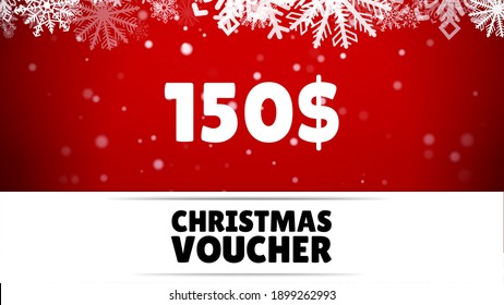 New Year's Voucher 150$ on a  festive background. Christmas Sale. Merry Christmas and Happy New Year. Colored. Winter Holidays Set Realistic gifts. Special offer. Vector Illustration
