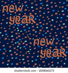 New Year's wallpaper. Stars. Happy new year lettering. Blue background. New Year card. Vector drawing. Congratulation.
