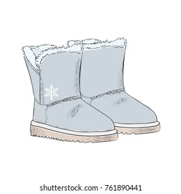 New Year's warm gray ugg boots with fur. Winter collection of clothes. Hand drawn vector illustration on a white background.