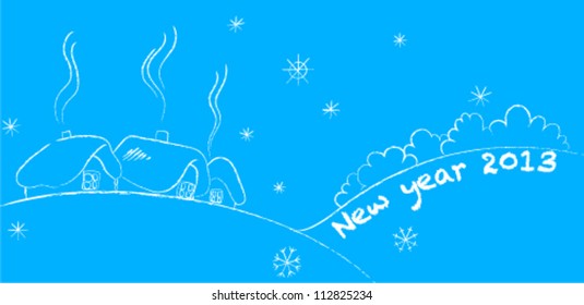 New Year's winter card with lodges and snowflakes