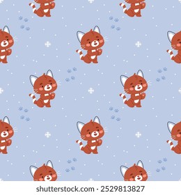 Weihnachtsmuster zum Neujahrsfest mit einer roten Katze auf blauem Hintergrund.