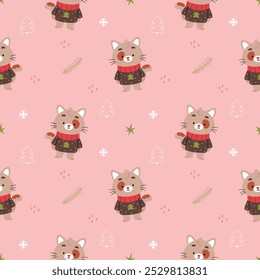 New Year's winter Christmas pattern with a brown cat in a cozy sweater on a pink background.