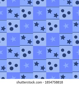 New Year's winter geometric chess pattern with squares, stars and circles in light and blue colors