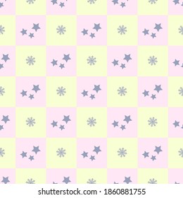 Patrón geométrico del invierno de Año Nuevo con cuadrados, estrellas y copos de nieve en colores rosa y lila