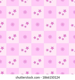 New Year's winter geometric pattern with squares, stars and snowflakes in pink and lilac shades