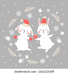 New Year's winter greeting card with cute bunnies who give Christmas gifts on the background of snowflakes, stars, cones. Vector graphics.