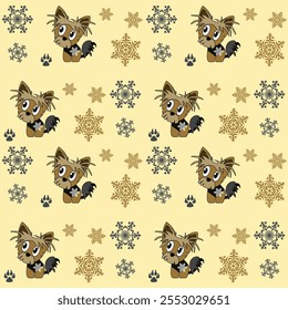 New Year's winter mood. A cheerful cartoon image of a small dog of the Yorkshire terrier breed. Stylized puppy logo. Cute animal emotions.