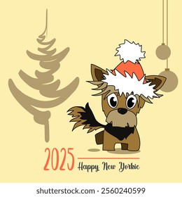 New Year's winter mood. A cheerful cartoon image of a small dog of the Yorkshire terrier breed. Stylized puppy logo. Cute animal emotions.