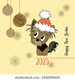 New Year's winter mood. A cheerful cartoon image of a small dog of the Yorkshire terrier breed. Stylized puppy logo. Cute animal emotions.