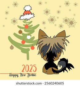 New Year's winter mood. A cheerful cartoon image of a small dog of the Yorkshire terrier breed. Stylized puppy logo. Cute animal emotions.