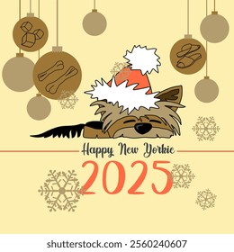 New Year's winter mood. A cheerful cartoon image of a small dog of the Yorkshire terrier breed. Stylized puppy logo. Cute animal emotions.