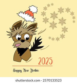 New Year's winter mood. A cheerful cartoon image of a small dog of the Yorkshire terrier breed. Stylized puppy logo. Cute animal emotions.