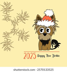 New Year's winter mood. A cheerful cartoon image of a small dog of the Yorkshire terrier breed. Stylized puppy logo. Cute animal emotions.