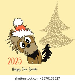 New Year's winter mood. A cheerful cartoon image of a small dog of the Yorkshire terrier breed. Stylized puppy logo. Cute animal emotions.