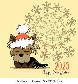 New Year's winter mood. A cheerful cartoon image of a small dog of the Yorkshire terrier breed. Stylized puppy logo. Cute animal emotions.