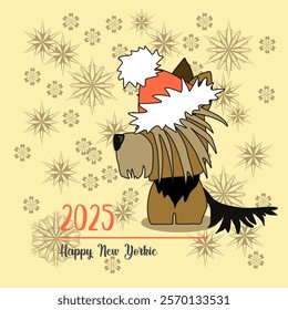 New Year's winter mood. A cheerful cartoon image of a small dog of the Yorkshire terrier breed. Stylized puppy logo. Cute animal emotions.