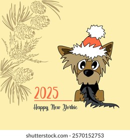 New Year's winter mood. A cheerful cartoon image of a small dog of the Yorkshire terrier breed. Stylized puppy logo. Cute animal emotions.