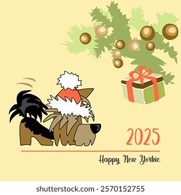 New Year's winter mood. A cheerful cartoon image of a small dog of the Yorkshire terrier breed. Stylized puppy logo. Cute animal emotions.