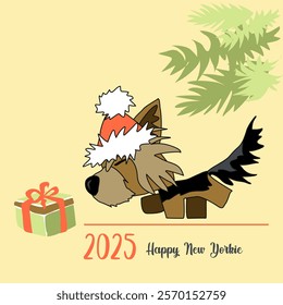 New Year's winter mood. A cheerful cartoon image of a small dog of the Yorkshire terrier breed. Stylized puppy logo. Cute animal emotions.