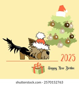 New Year's winter mood. A cheerful cartoon image of a small dog of the Yorkshire terrier breed. Stylized puppy logo. Cute animal emotions.