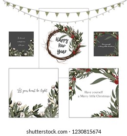 New years winter set of typographic templates: 1 post card, 2 black and 2 white botanical backgrounds