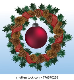 New Year's wreath with cones Christmas tree branch and ribbon and a big Christmas tree ball