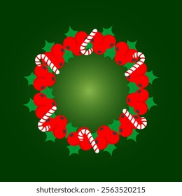 New Year's wreath decorated with branches, red berries, leaves and candy canes with open space for your text. Vector illustration