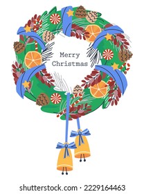 New Year's wreath from needles. Ribbon and bells. Orange and caramel. Flat vector illustration. Eps10