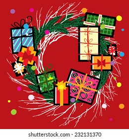New year`s wreath with presents. Vector illustration. Abstract background. Christmas hand drawn fur tree for xmas design. 