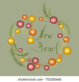New Year's wreath of shiny balls and coniferous branches, an unusual intertwining of New Year's toys in the winter mood.