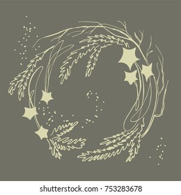 New Year's wreath of shiny balls and coniferous branches, an unusual intertwining of New Year's toys in the winter mood.