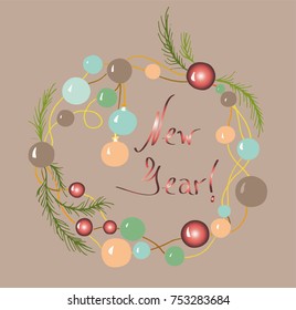 New Year's wreath of shiny balls and coniferous branches, an unusual intertwining of New Year's toys in the winter mood.