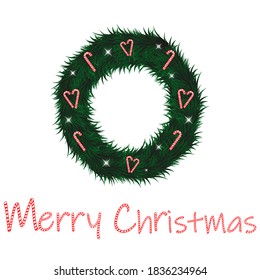 New Year's wreath with white glowing stars, red and white candies. Merry Christmas lettering. Card. Vector graphics. Illustration.