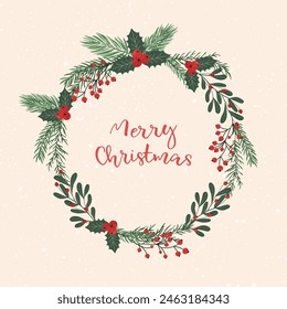 New Year's wreath with the words Merry Christmas, decorated with branches, red berries and leaves. Vector